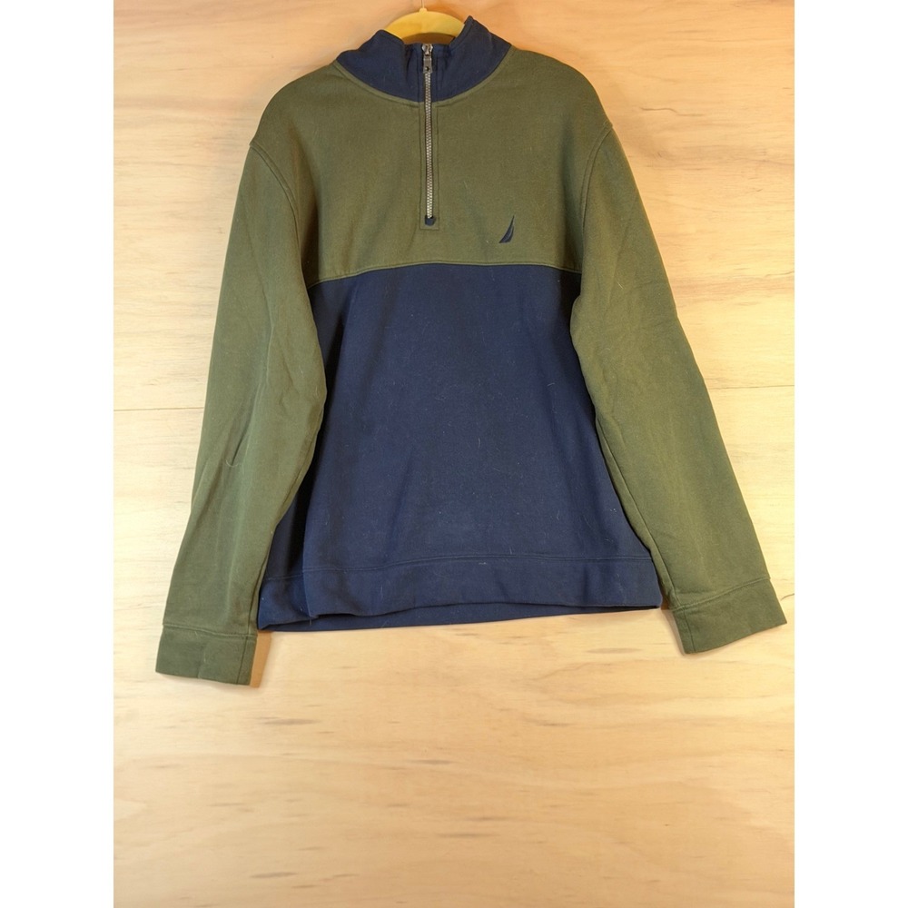 Nautica Mens Quarter Zip Pullover Sweatshirt Colorblock Green Navy Blue Large